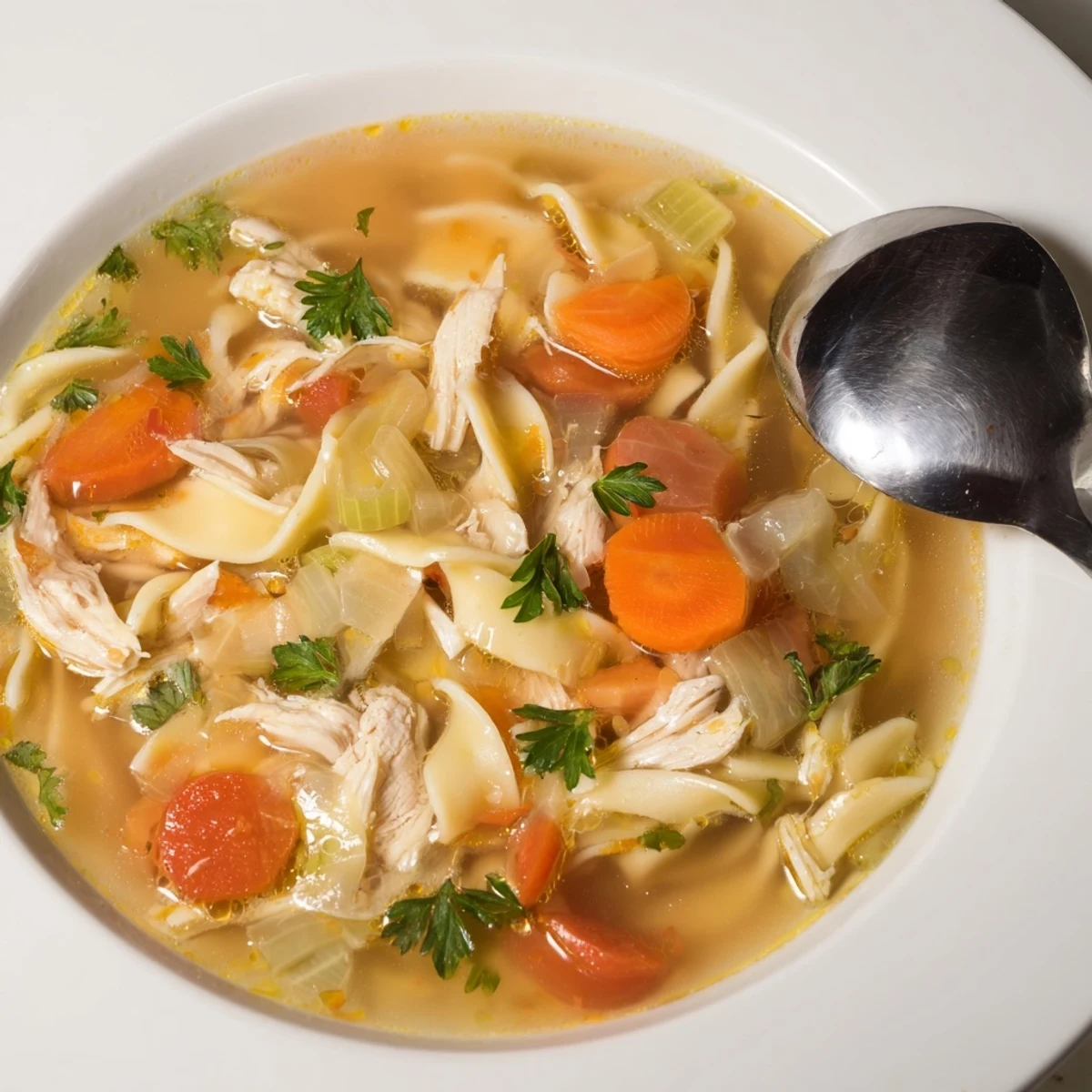 A close-up of a warm bowl of homemade chicken noodle soup, a perfect comfort food classic.