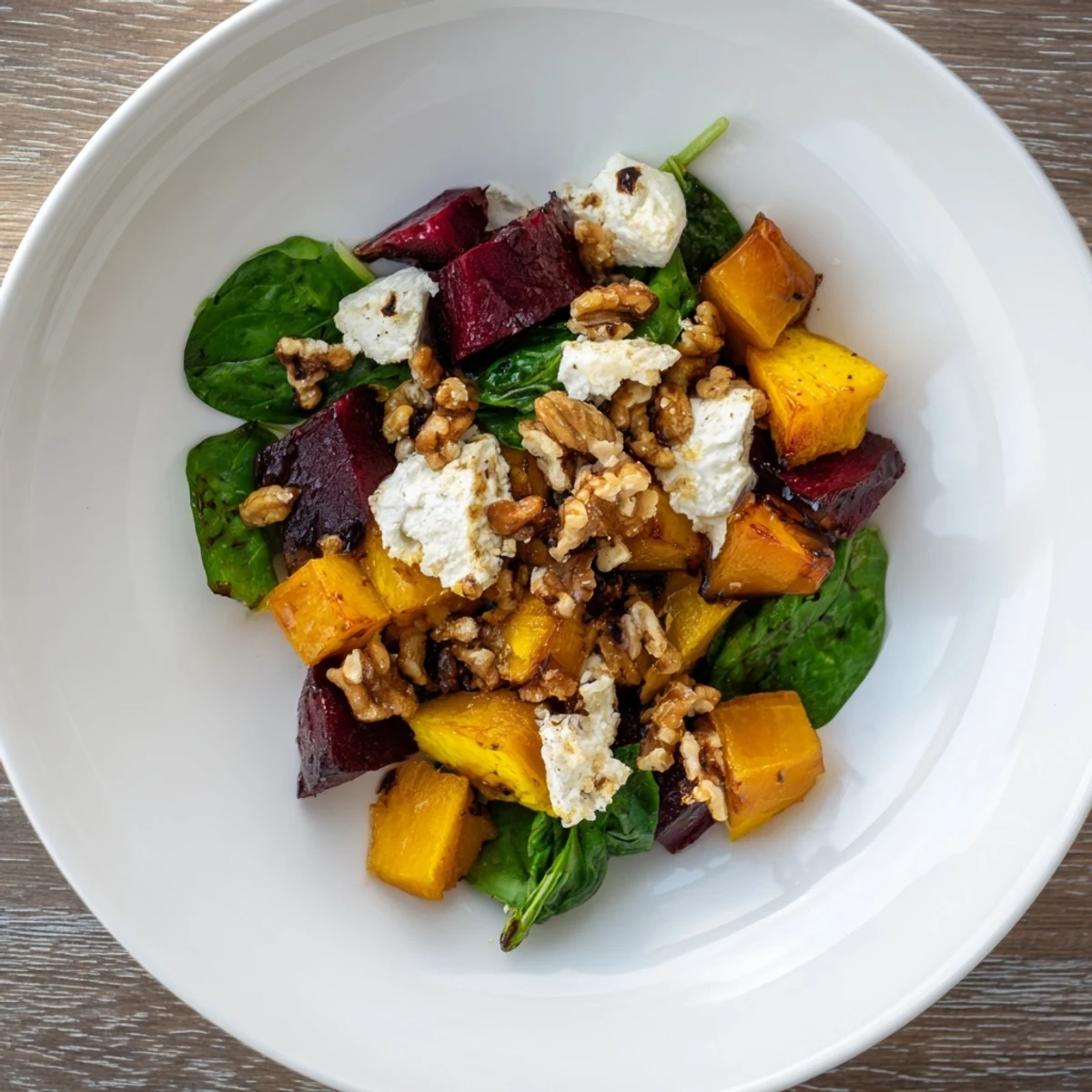 Warm, colorful Roasted Beet, Butternut & Spinach Salad; a delicious vegetarian recipe perfect for lunch.