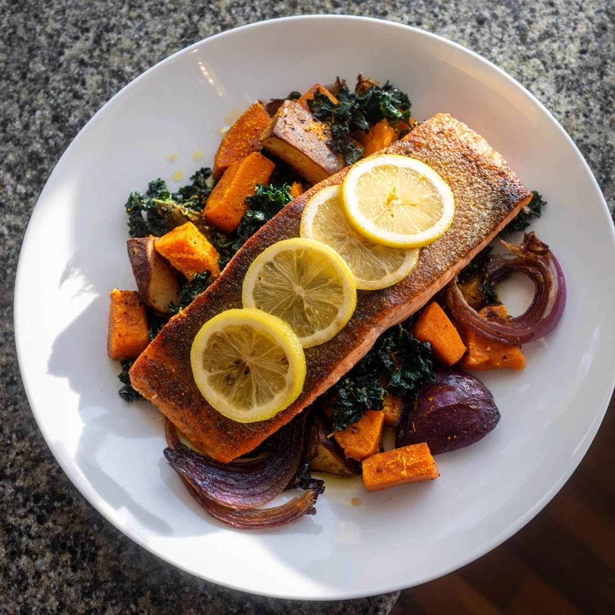 A close-up of the Sheet-Pan Salmon showing the perfectly cooked fish with colorful vegetables.