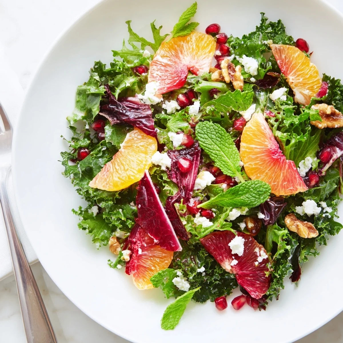 A refreshing close-up of Winter Greens Salad with creamy optional feta cheese and citrus.