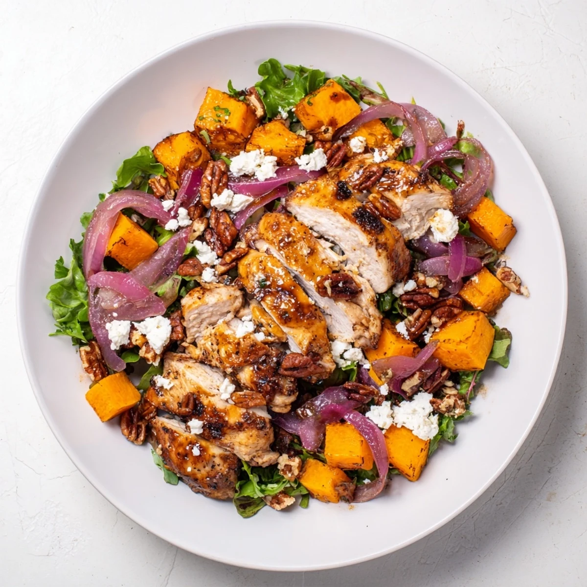 Juicy roasted chicken, sweet winter squash and fresh greens star in this warm, flavor-packed sheet-pan salad.