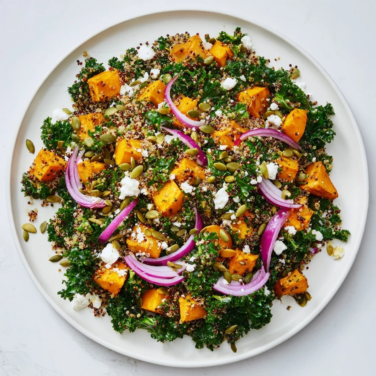 Fluffy quinoa and roasted sweet potatoes star in this colorful Kale & Quinoa Salad, ready to enjoy.
