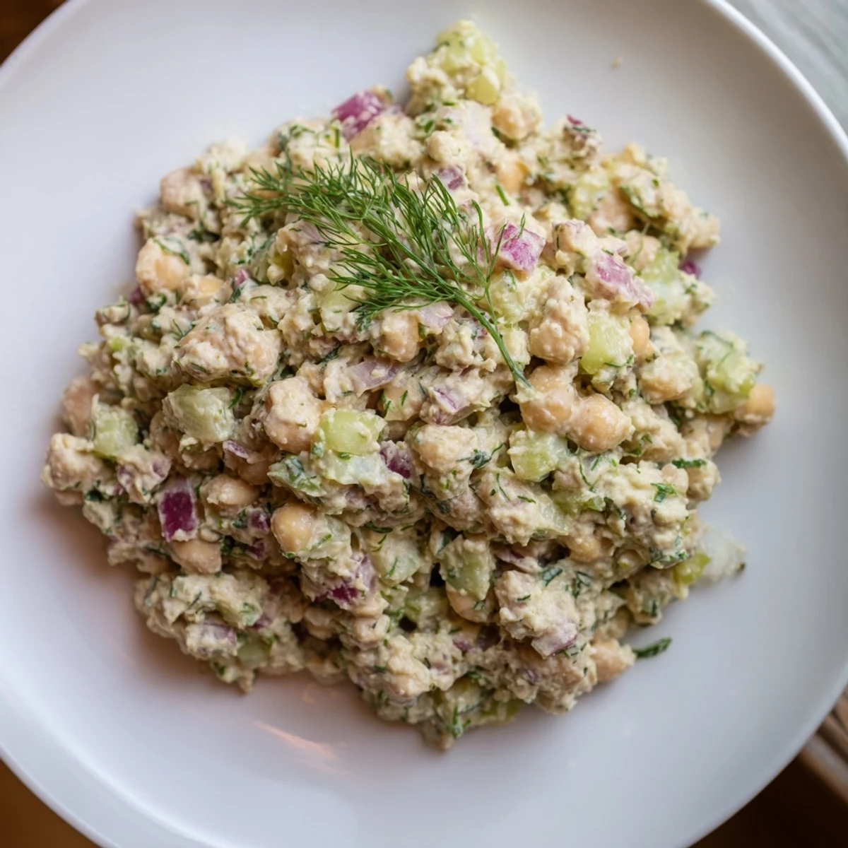 Creamy chickpea tuna salad, a vegan delight ready to be scooped onto a sandwich or wrap.