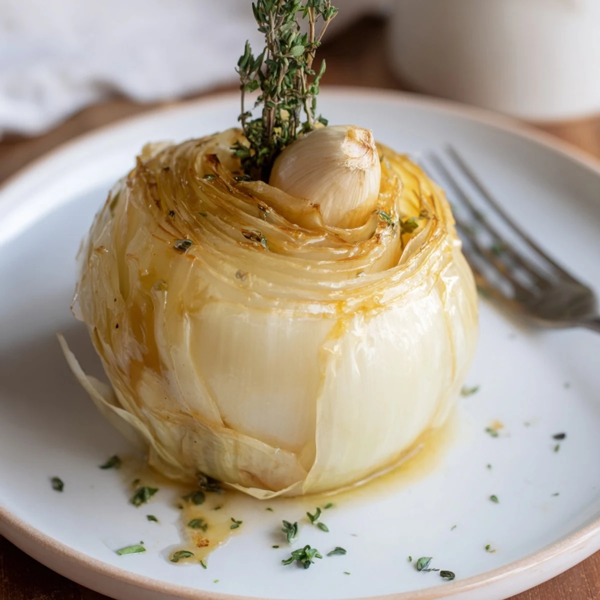 An overhead shot of a perfectly roasted Onion Boil, ready to be served as a scrumptious side dish.