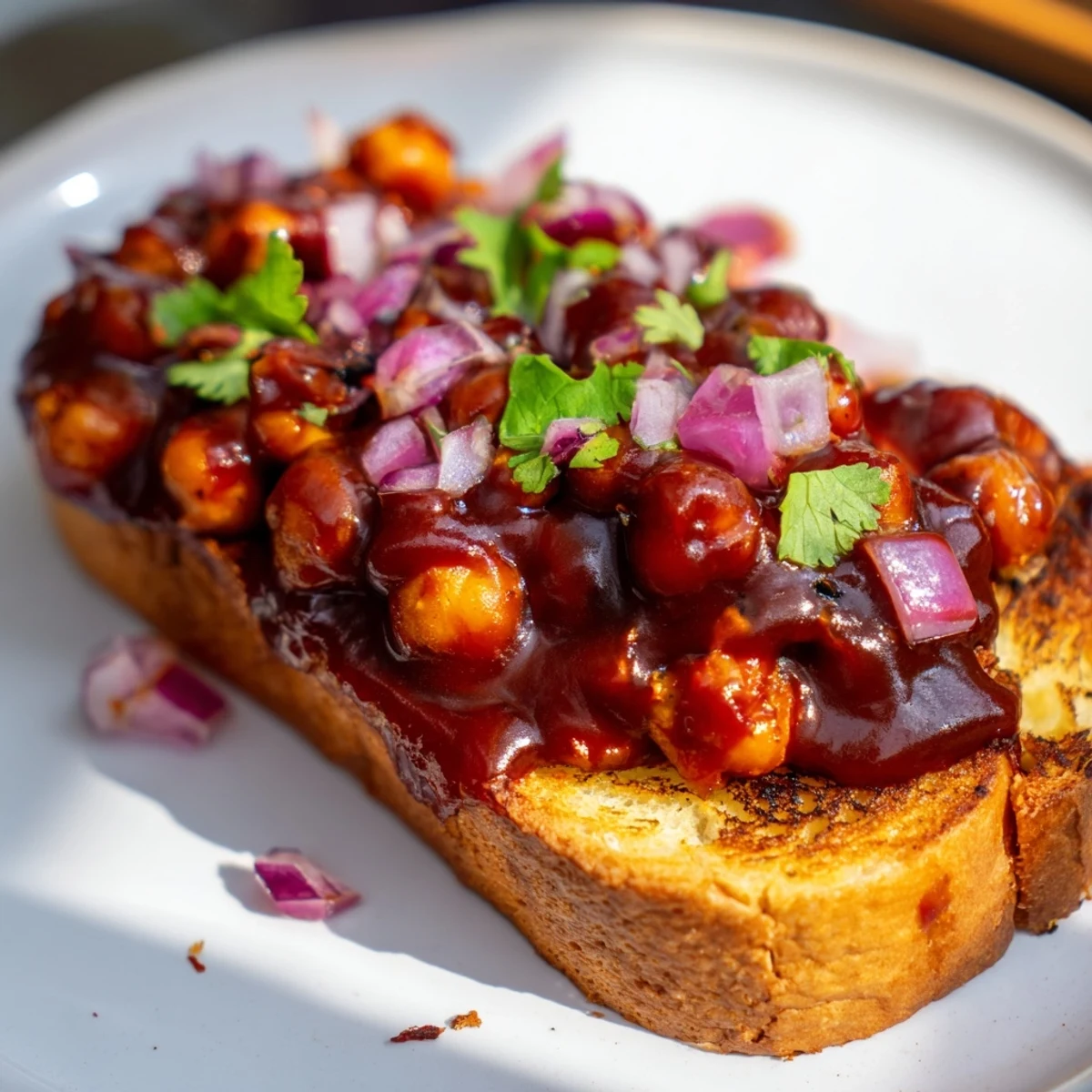 Golden, crispy toast piled high with flavorful and tangy BBQ chickpeas, ready to eat!