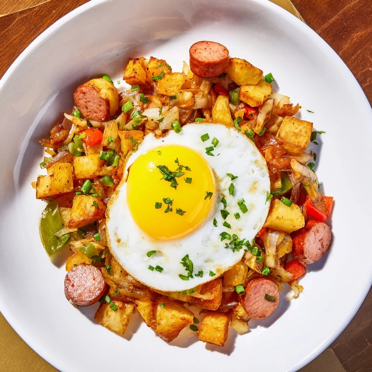 Golden brown Egg & Potato Hash with hot dogs, ready for a delicious breakfast.