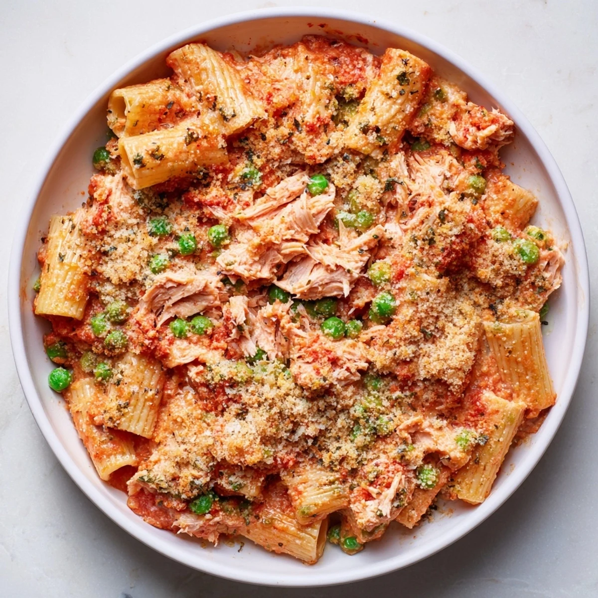 Golden-brown Tuna Pasta Bake, bubbling hot, a comforting family dinner ready to serve.
