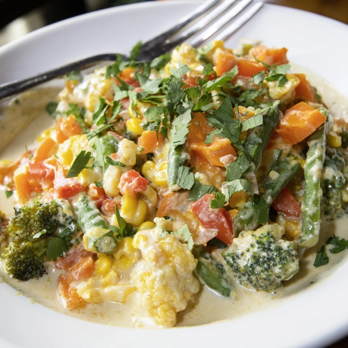 Creamy Veggie Coconut Curry with mixed vegetables, served hot, a delicious and easy Indian-inspired meal.