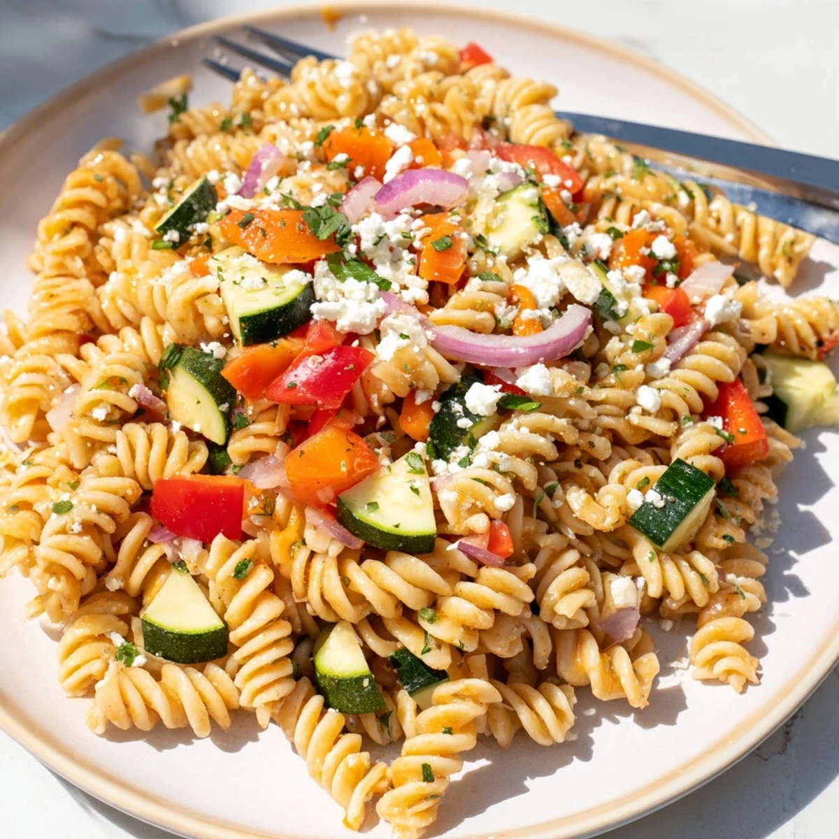 Pasta salad with seasonal veggies: a colorful bowl with chilled pasta and vibrant vegetables, ready to serve.