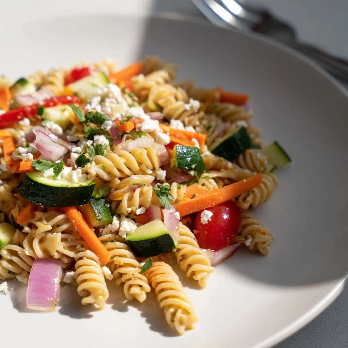 Fresh pasta salad with seasonal veggies and a simple dressing, beautifully tossed with herbs and feta cheese.