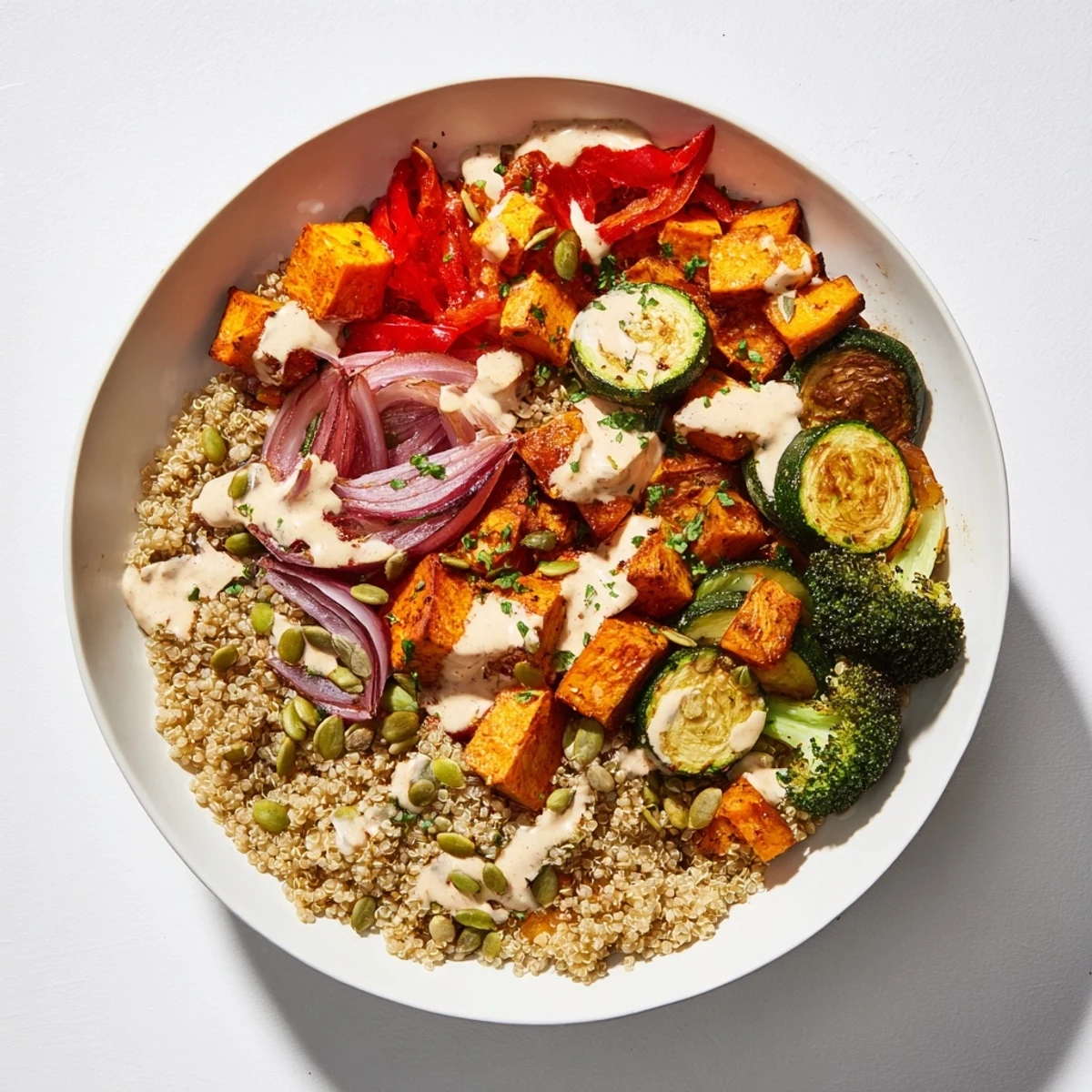 Perfectly plated quinoa bowl showcasing roasted seasonal veggies and a delicious vegan dressing.