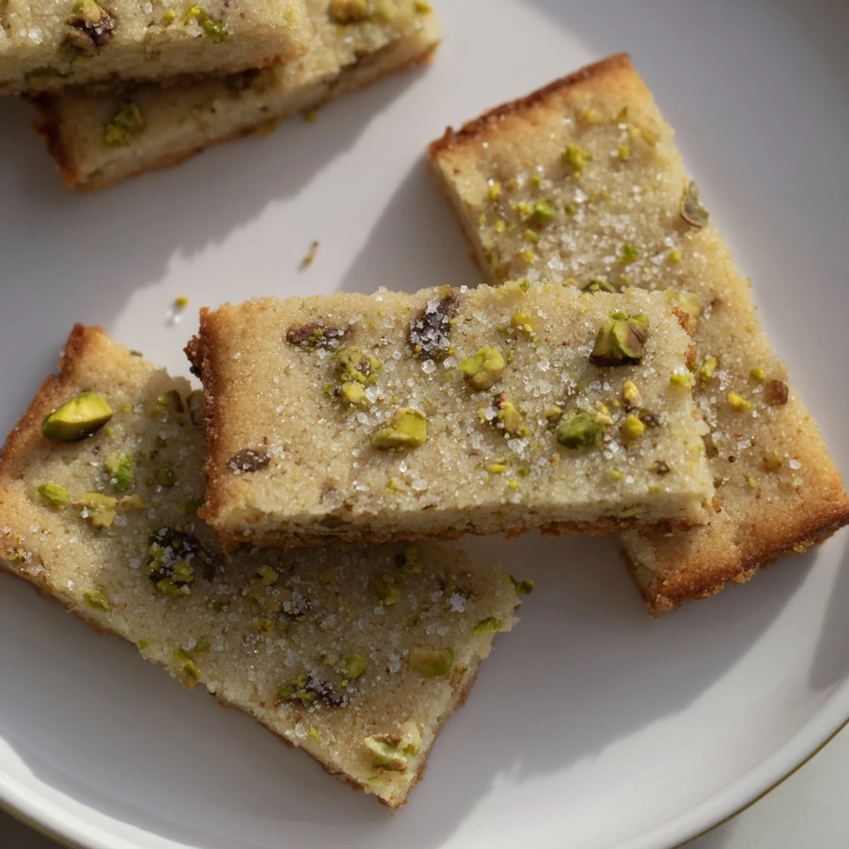 Freshly baked Salted Pistachio Slice & Bake Shortbread cookies, golden and sprinkled with flaky salt.