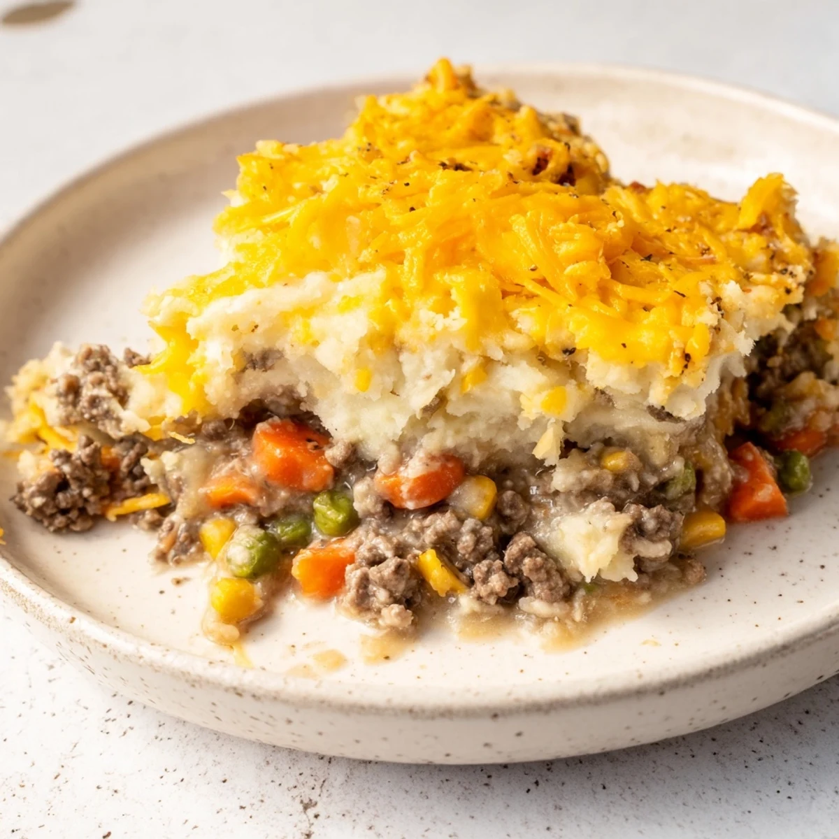 Homemade Budget Shepherds Pie, ready to serve, showing the savory beef and vegetable base beneath the cheesy potatoes.