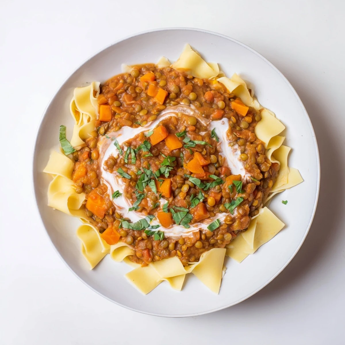 Creamy Tomato Basil Lentil Bolognese served over pasta, a vibrant vegan Italian dinner.