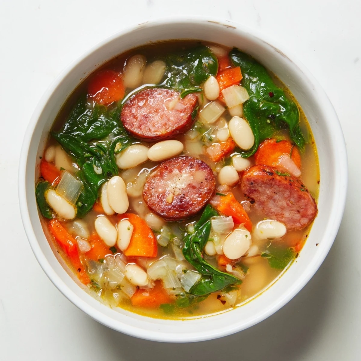 A warm bowl of Simple Sausage and White Bean Soup with fresh spinach and herbs, ready to enjoy.
