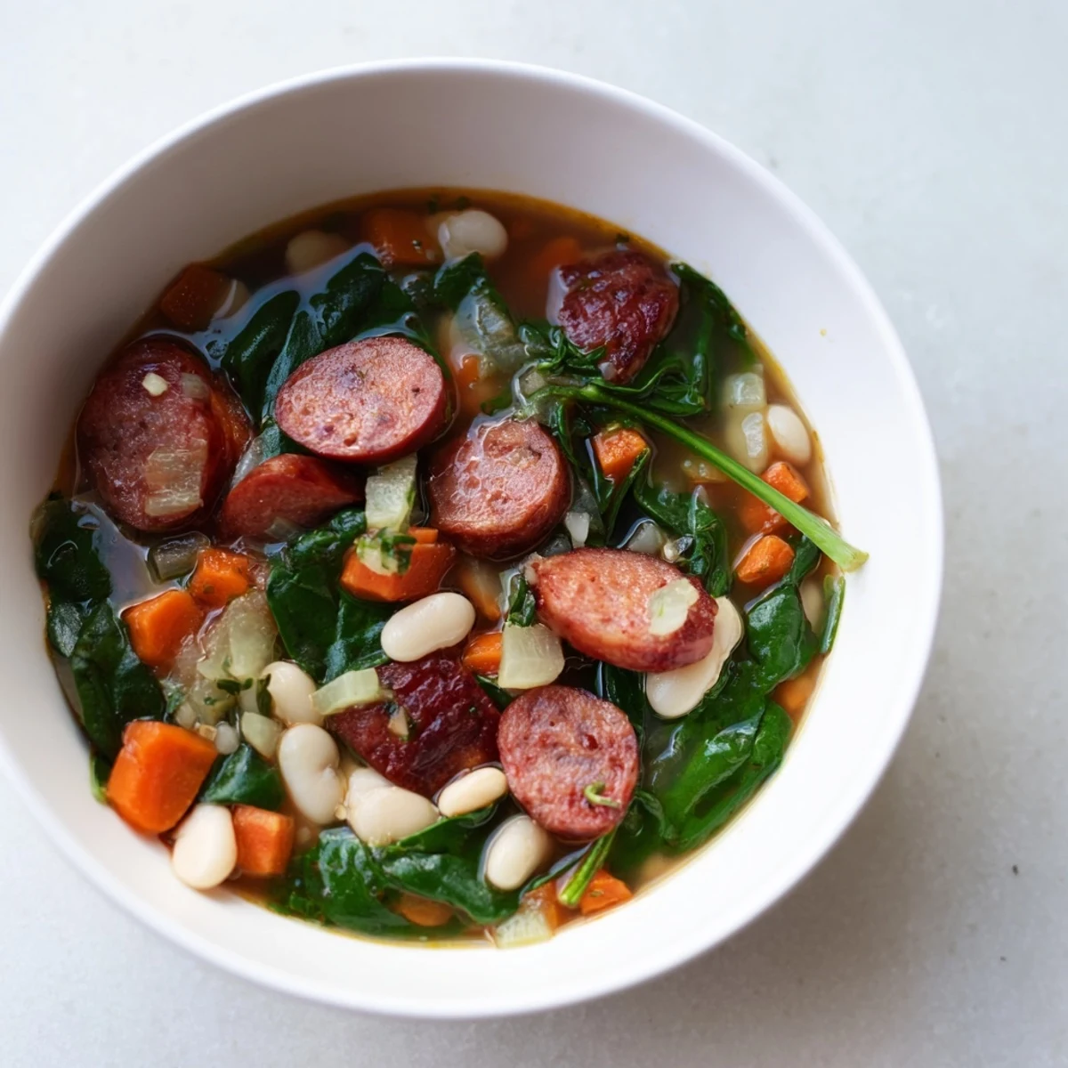 Close-up of a steaming Simple Sausage and White Bean Soup, showcasing the creamy beans and rich broth.