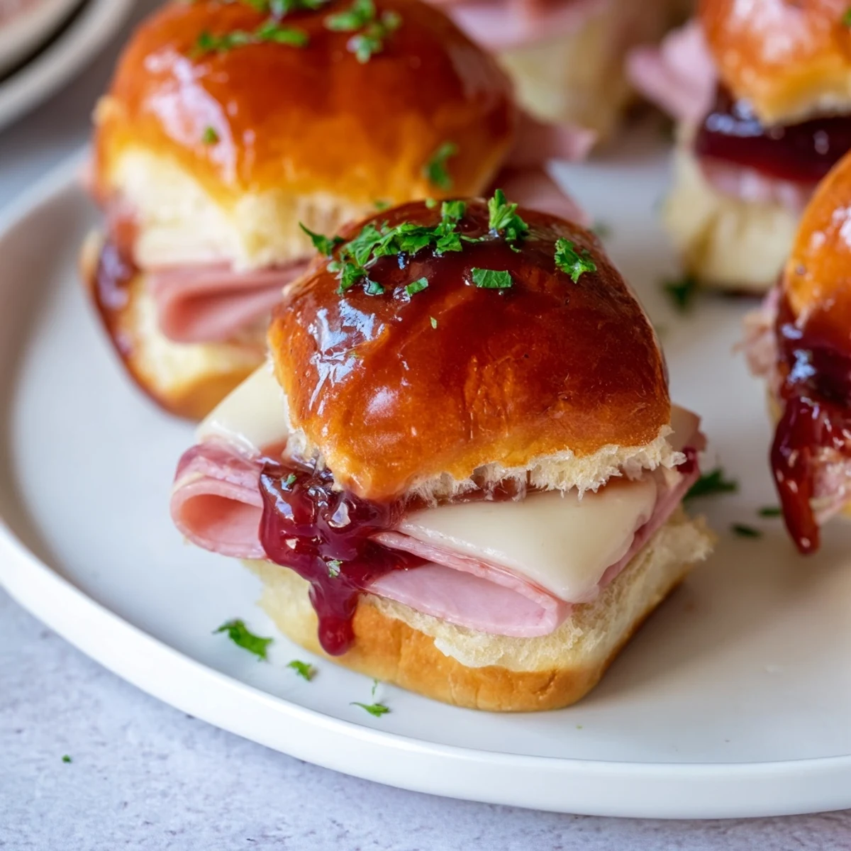 Warm, melty Swiss cheese oozing from a Cherry-Glazed Ham and Cheese Slider, ready to be enjoyed.