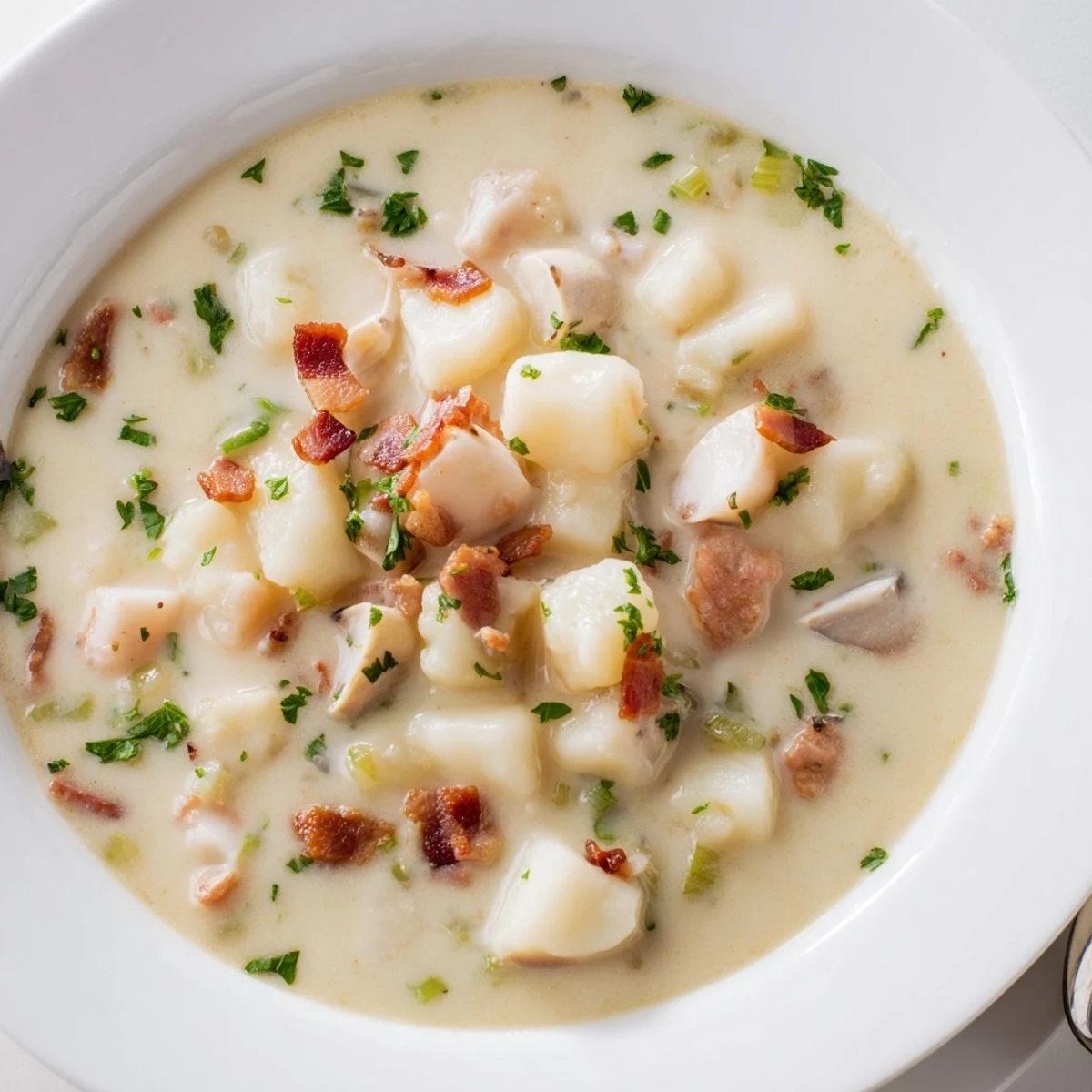 Creamy New England Clam Chowder with visible bits of bacon and clams, ready to serve with crackers.