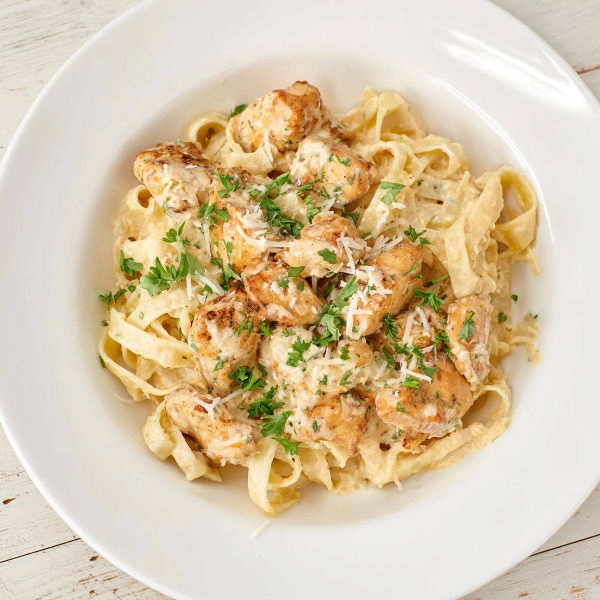 A beautiful close-up of Cowboy Butter Chicken Pasta; the sauce coats the fettuccine, ready to eat.