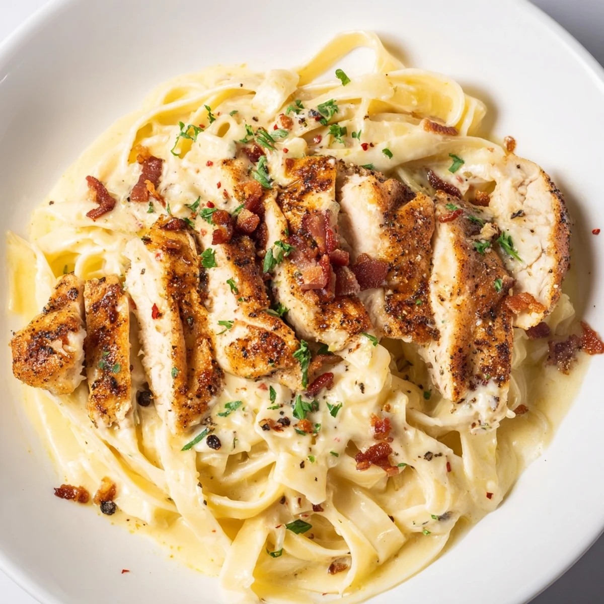 Plate of creamy Southern Style Parmesan Chicken Pasta, topped with fresh herbs and crumbled bacon.