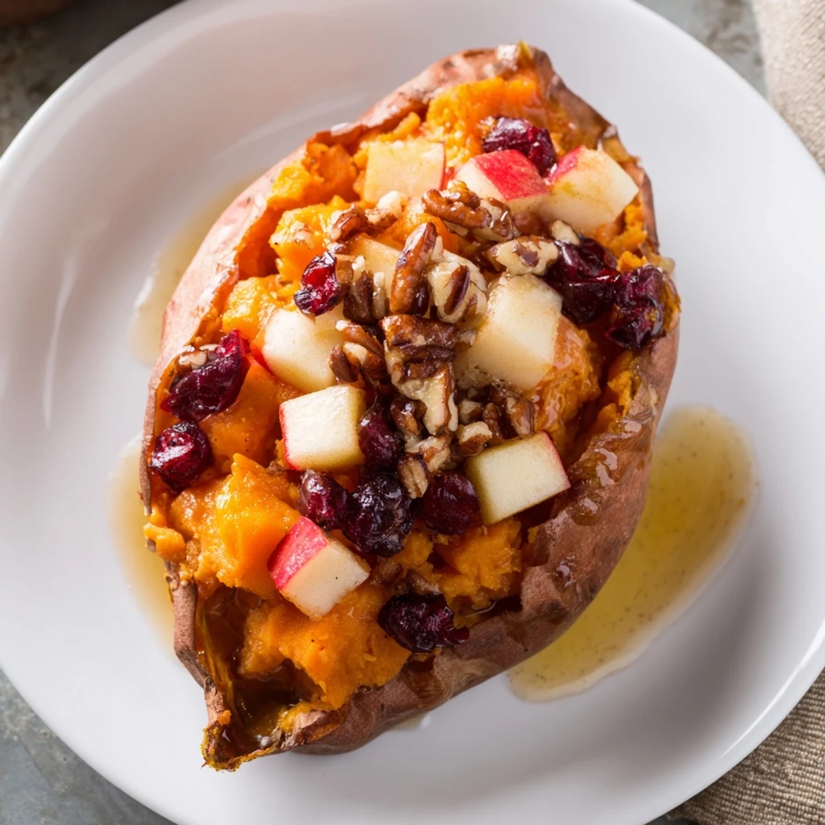 A close-up of vibrant Cranberry Apple Twice-Baked Sweet Potatoes, topped with pecans and drizzled maple syrup.