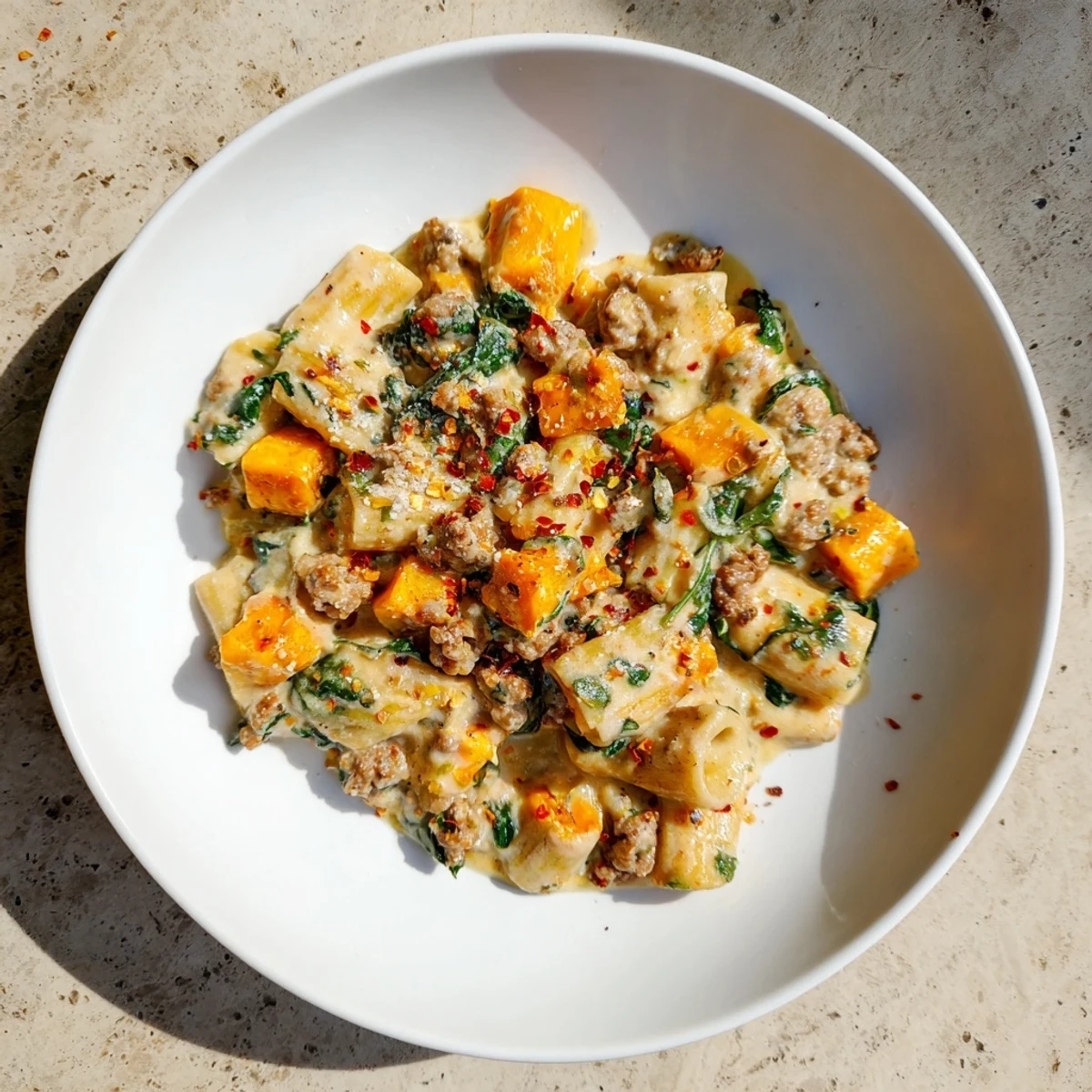 Creamy rigatoni with butternut squash: a warm, inviting bowl of pasta with sausage and vegetables.
