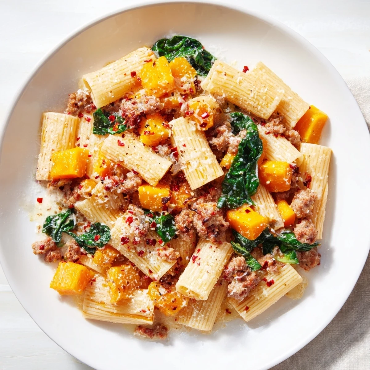 This creamy rigatoni with butternut squash features vibrant squash and spicy sausage, ready to be enjoyed.