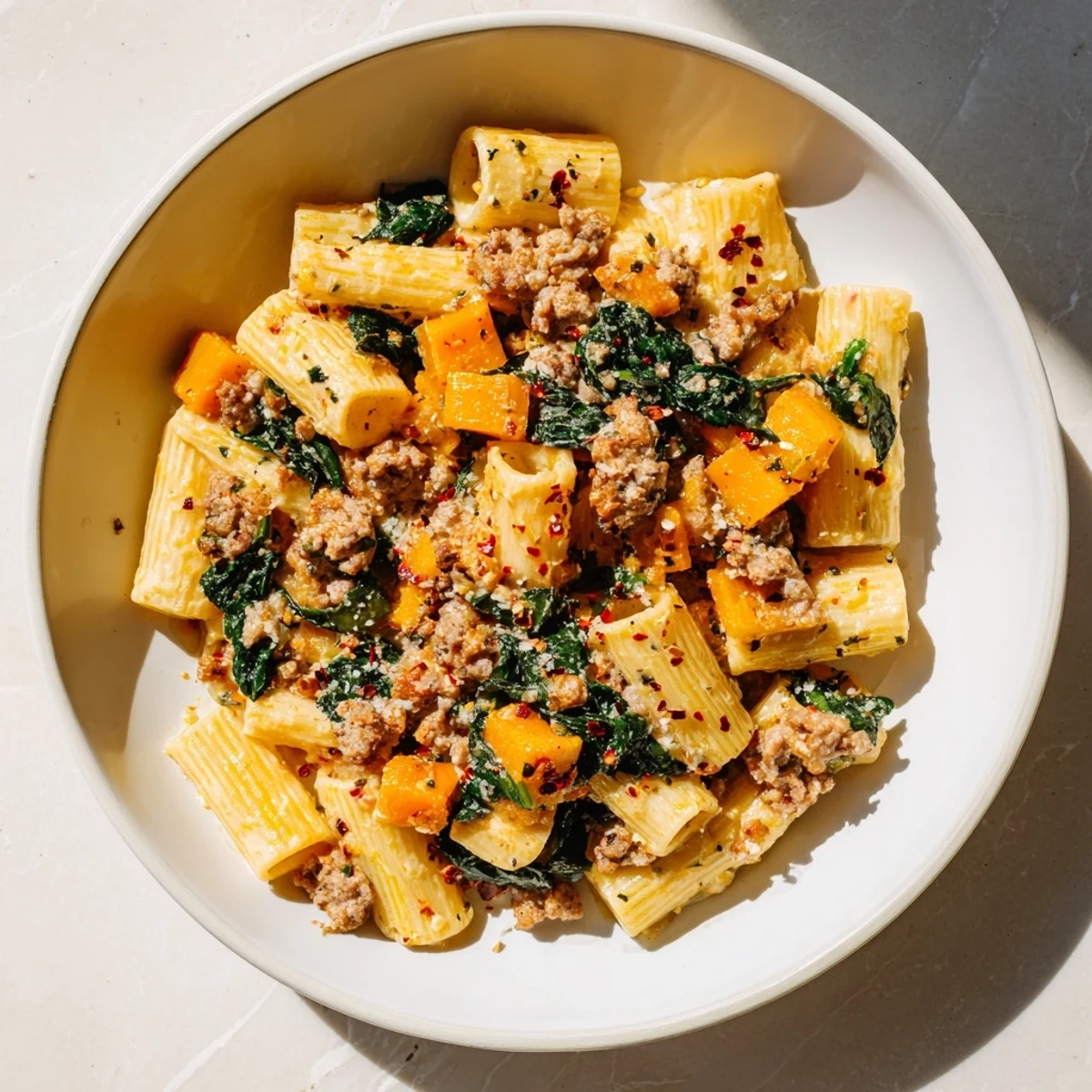 Enjoy a close-up of creamy rigatoni with butternut squash, a luscious Italian pasta dish.