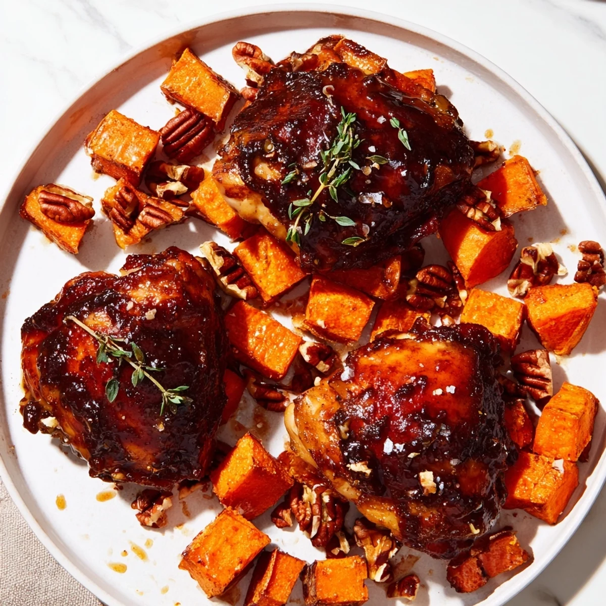 Golden, glazed maple chicken with tender sweet potatoes, perfect for a cozy autumn meal.