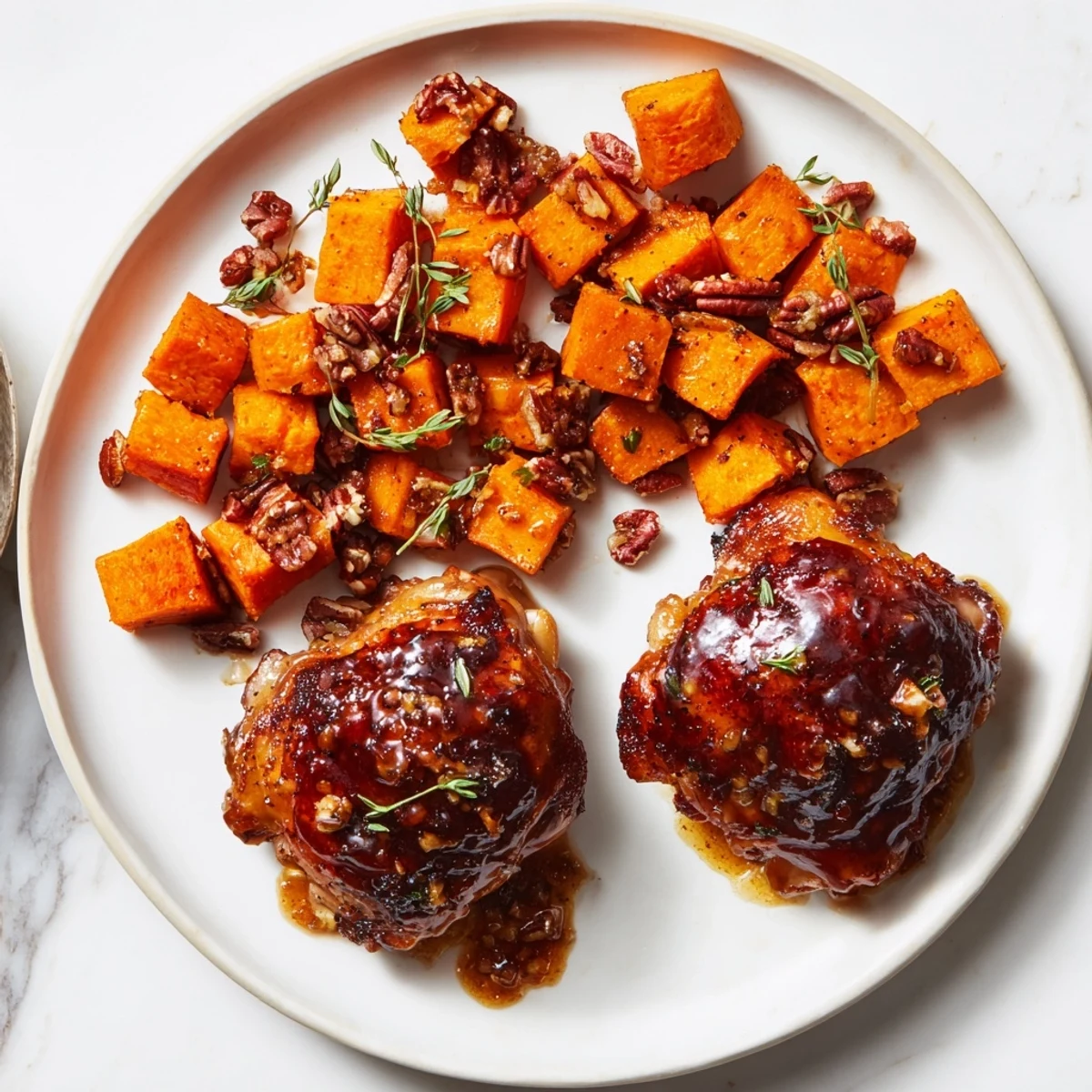 Close-up of baked maple glazed chicken and sweet potatoes, smelling warm and savory, ready to serve and enjoy.