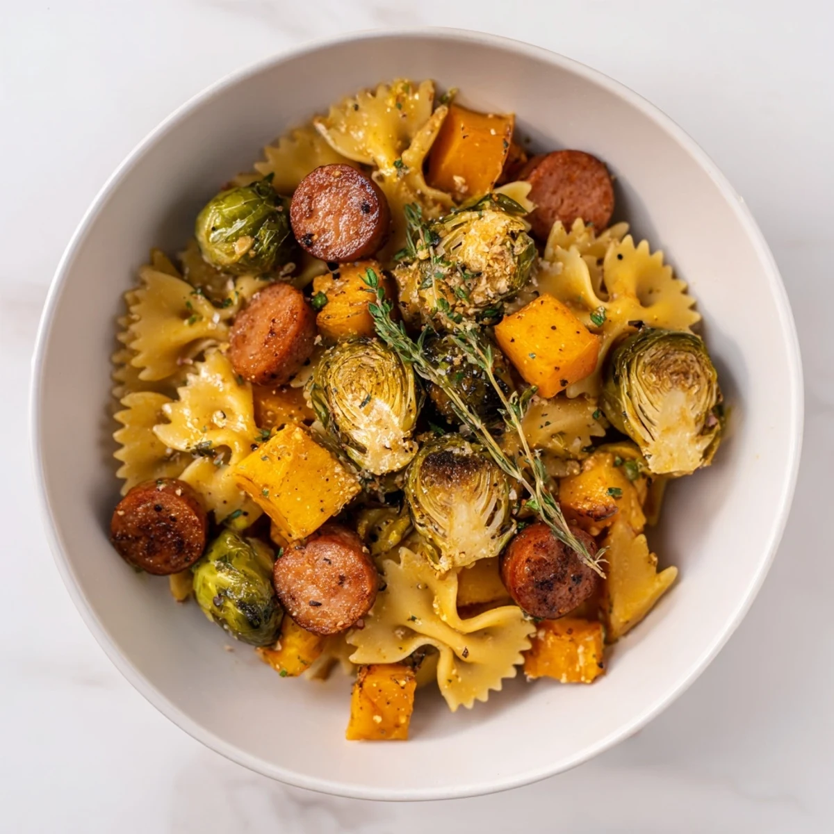 A vibrant photo showcasing the finished Autumn Sausage Pasta Squash, ready to serve with fresh thyme.