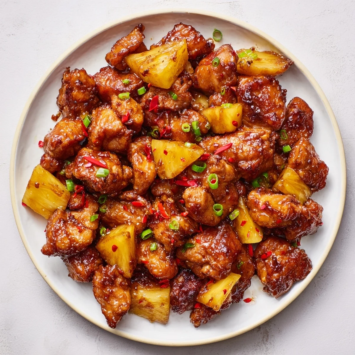 Juicy Brown Sugar Pineapple Chicken, glistening with a sweet glaze, ready to serve with rice.