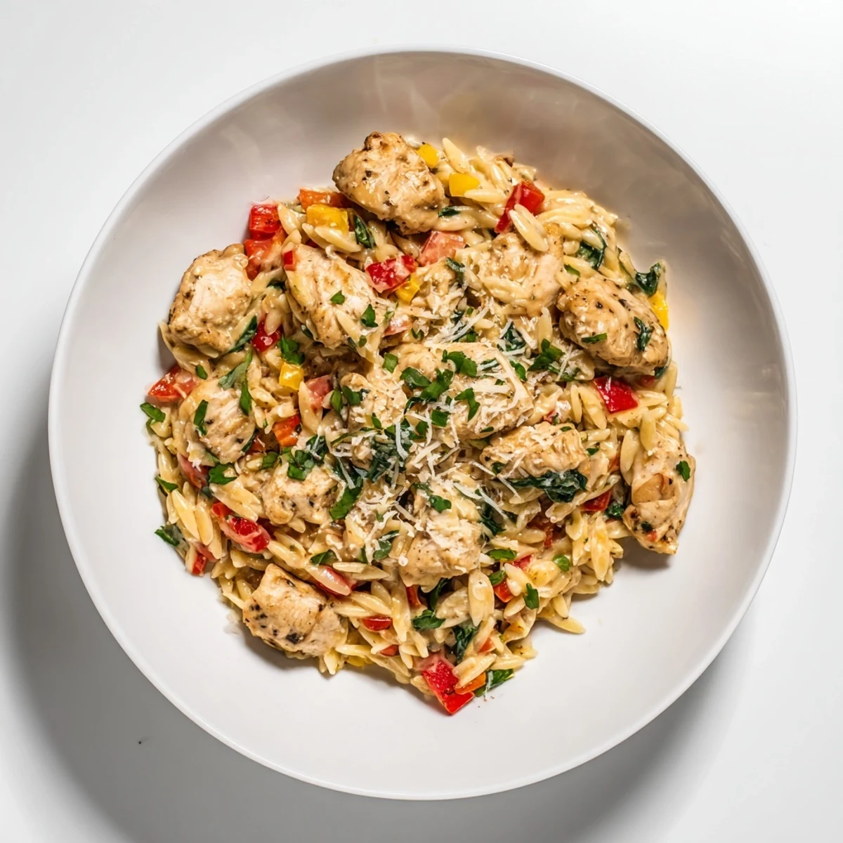 One-Pot Cajun Chicken Alfredo Orzo, a creamy swirl of pasta and tender chicken, ready to eat.