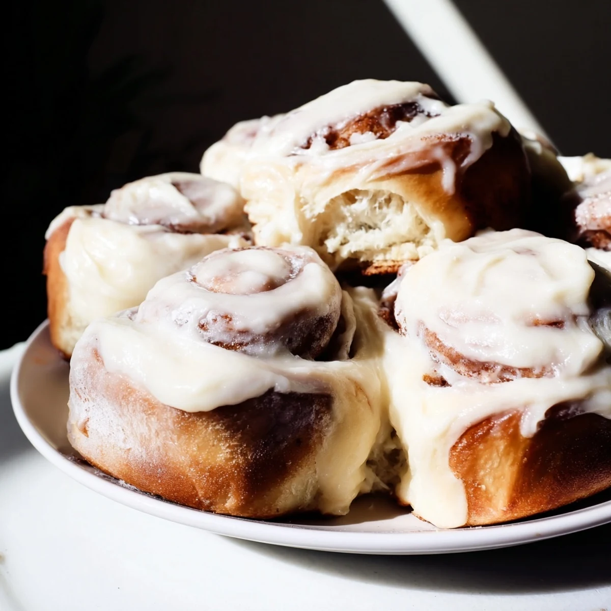Fluffy Viral TikTok Heavy Cream Cinnamon Rolls baking in a dish, golden brown with creamy icing.