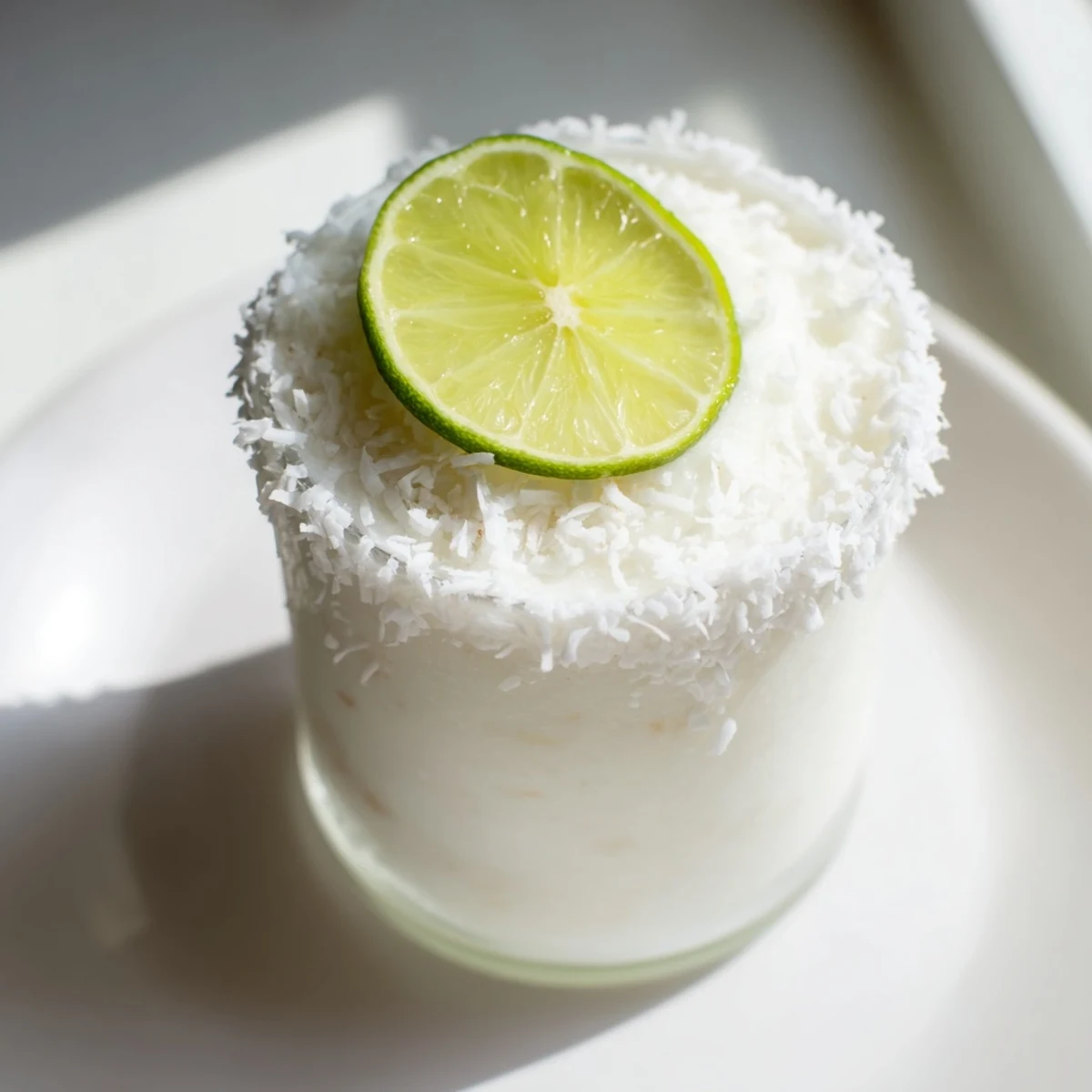 A vibrant close-up of the icy White Christmas Margarita Slush, blended with coconut and tequila.