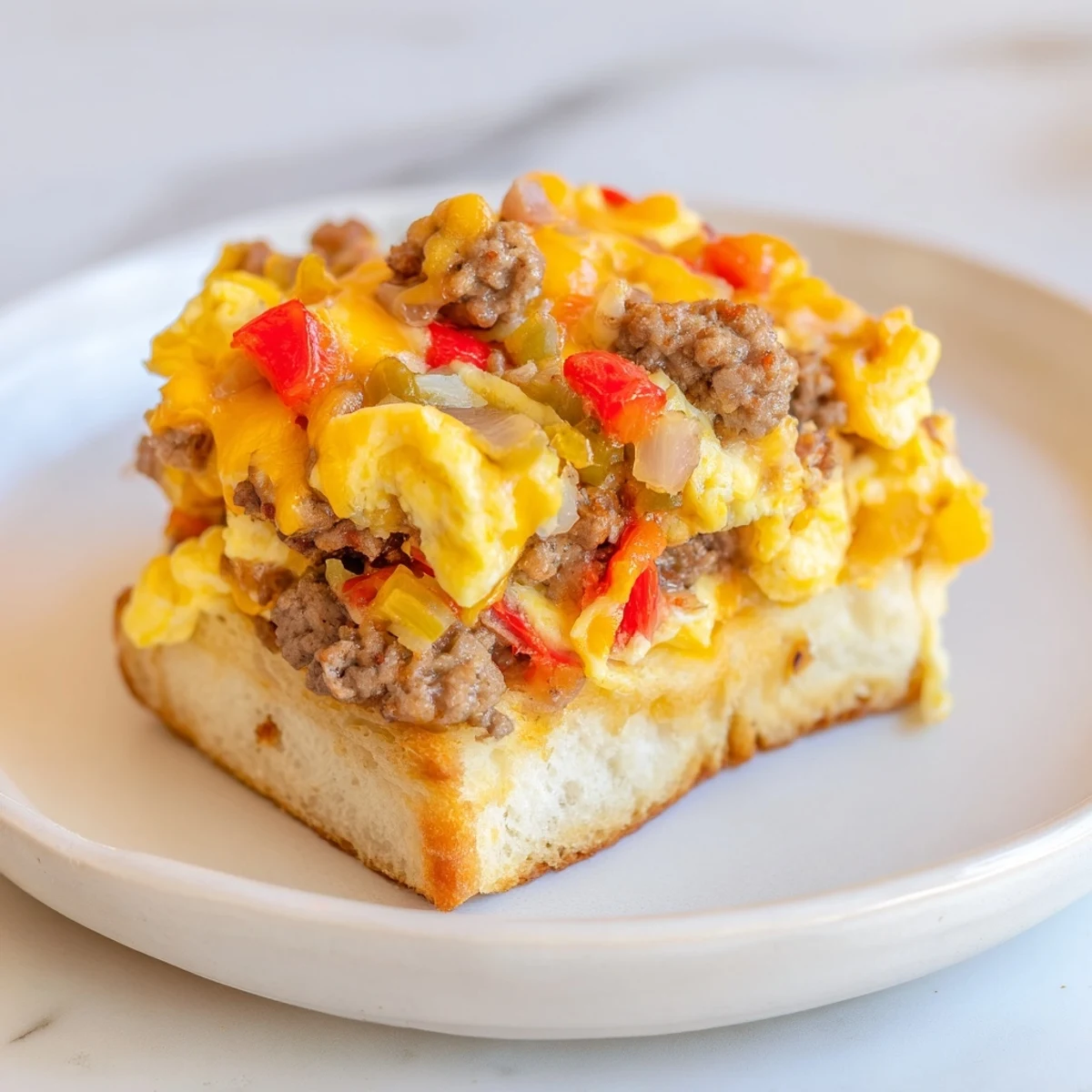 Golden-brown Lightning-Fast Breakfast Sausage Casserole, bubbly with cheese, ready to be served hot.