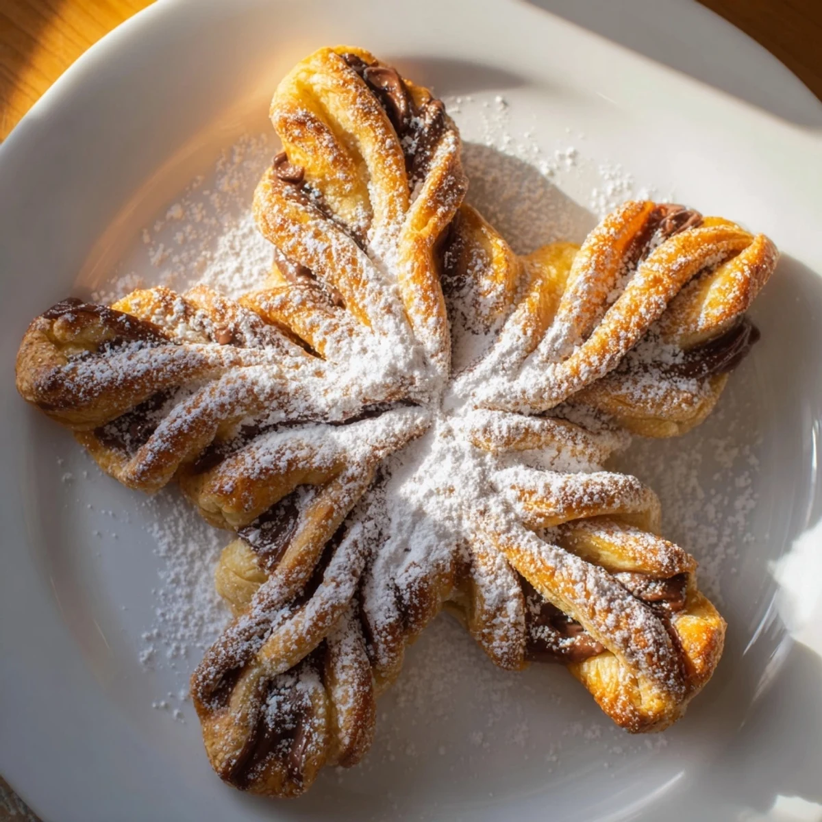 Freshly baked Express Nutella Puff Pastry Snowflakes, glistening and twisted, offering a delightful chocolate-hazelnut taste.