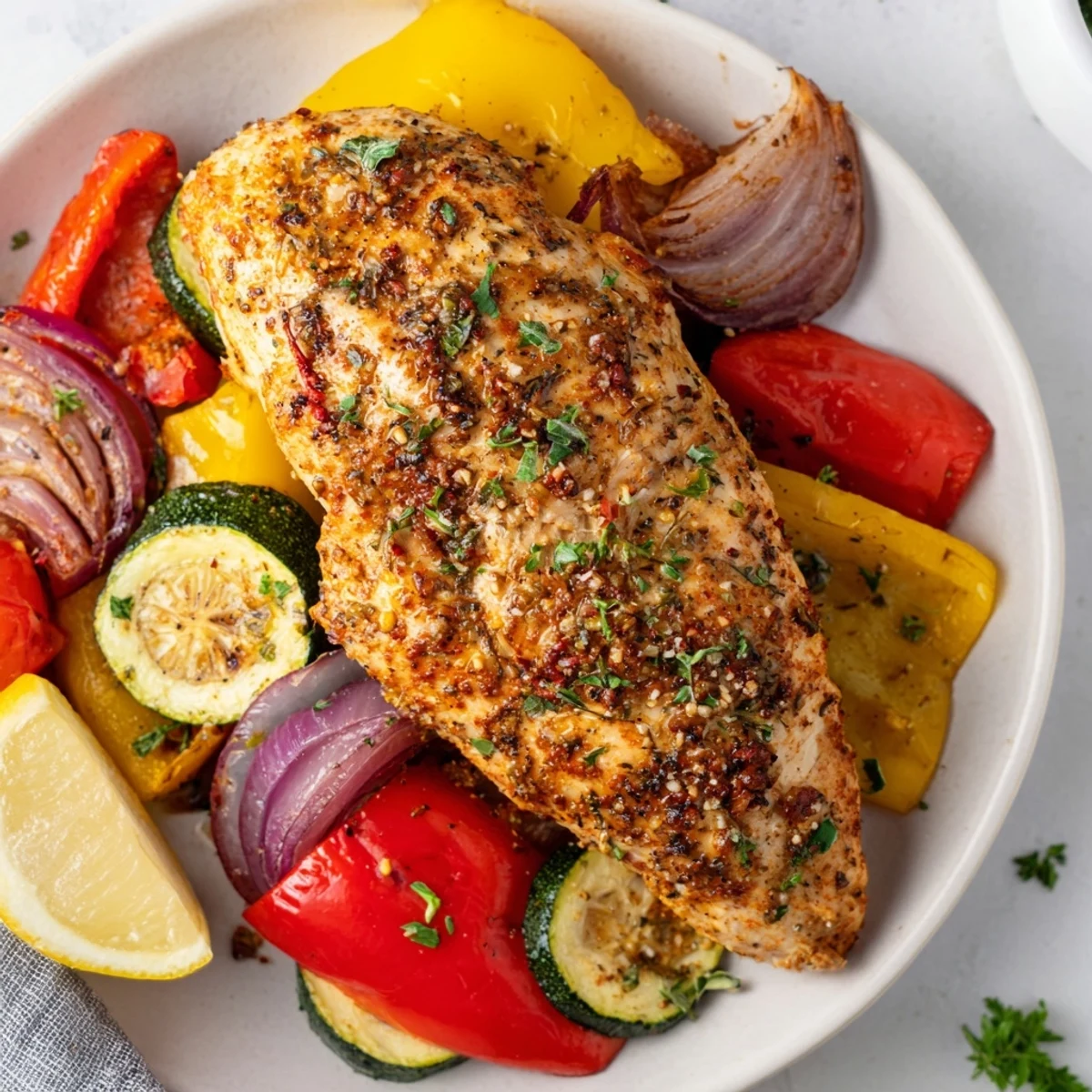 Golden sheet pan Lemon Oregano Chicken Cutlets surrounded by roasted colorful vegetables, a flavorful meal.