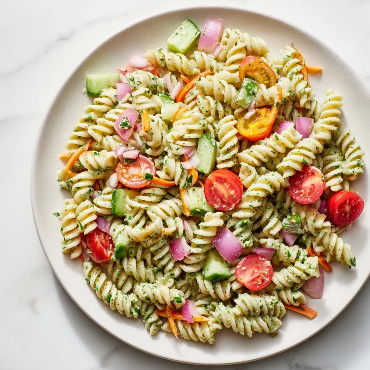 Vegan Hemp Seed Ranch Pasta Salad: a colorful and refreshing bowl of chilled pasta with creamy dressing.