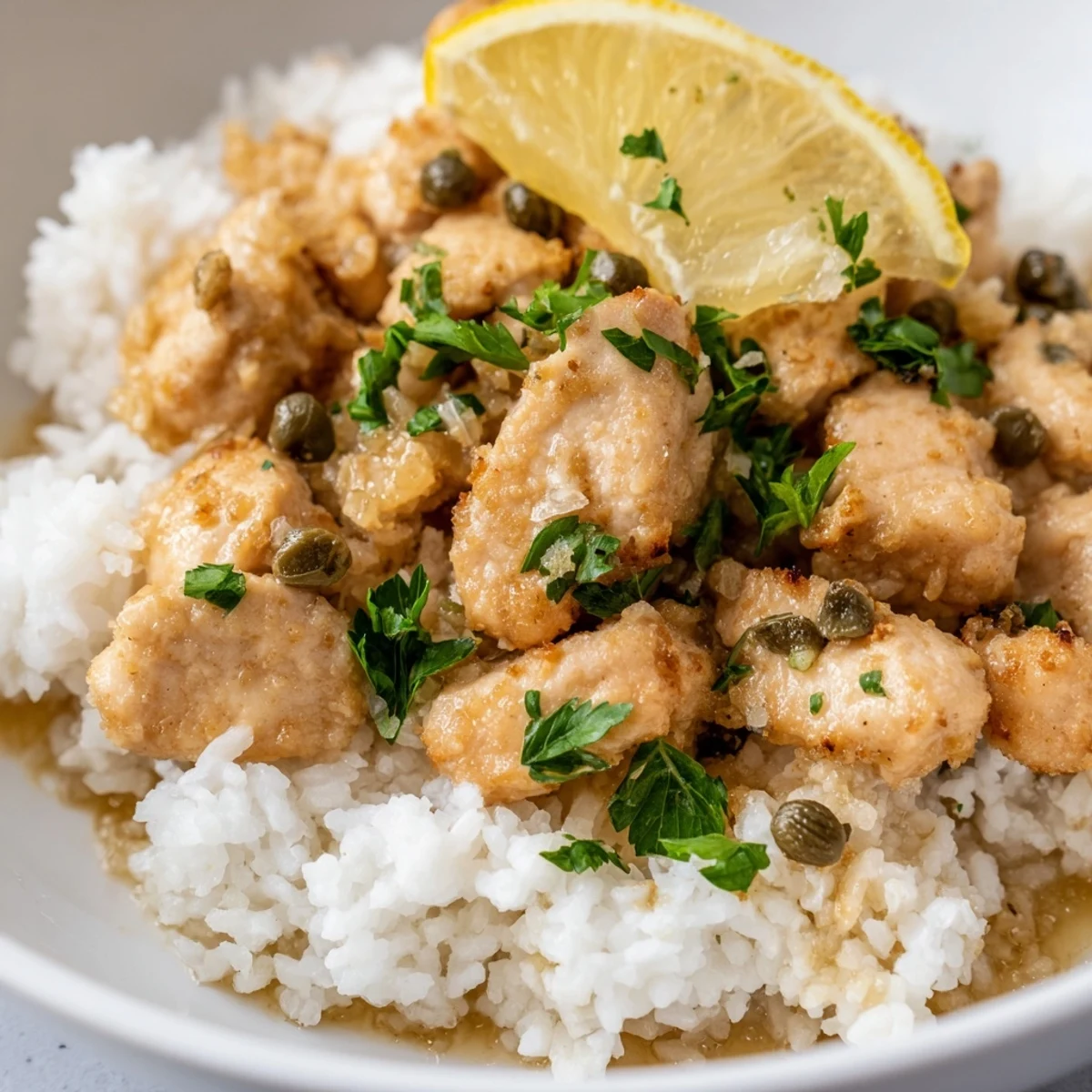 Juicy chicken piccata rice bowl with lemon sauce, fresh parsley and tender chicken pieces.