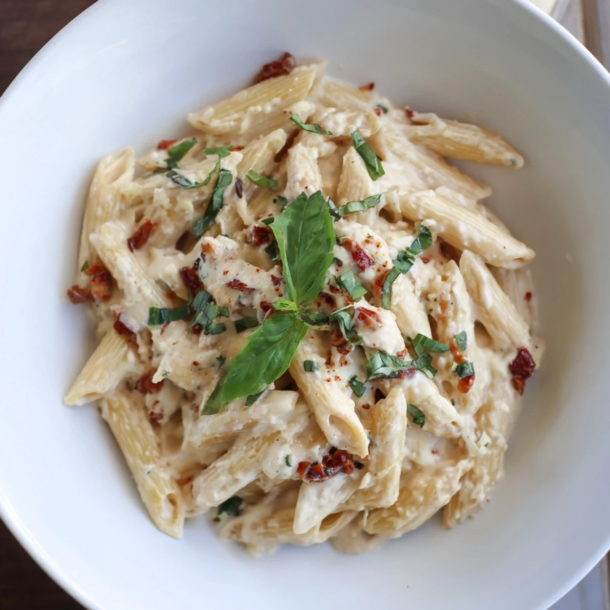 A close-up of vibrant Sun-Dried Tomato & Cottage Cheese Pasta Sauce, garnished with fresh basil and Parmesan cheese.
