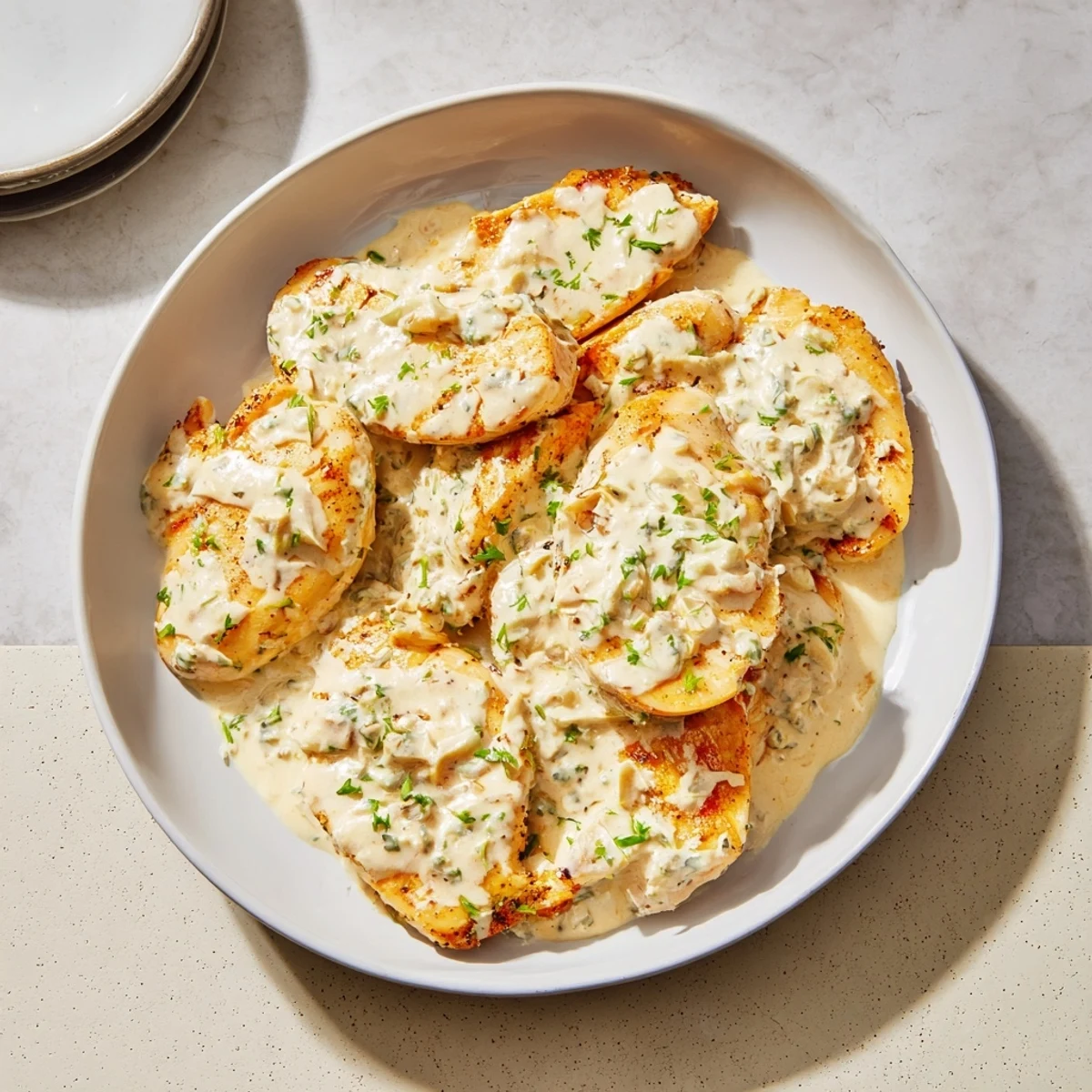 Golden-seared chicken breasts simmered in a light, creamy tarragon sauce, a satisfying meal.