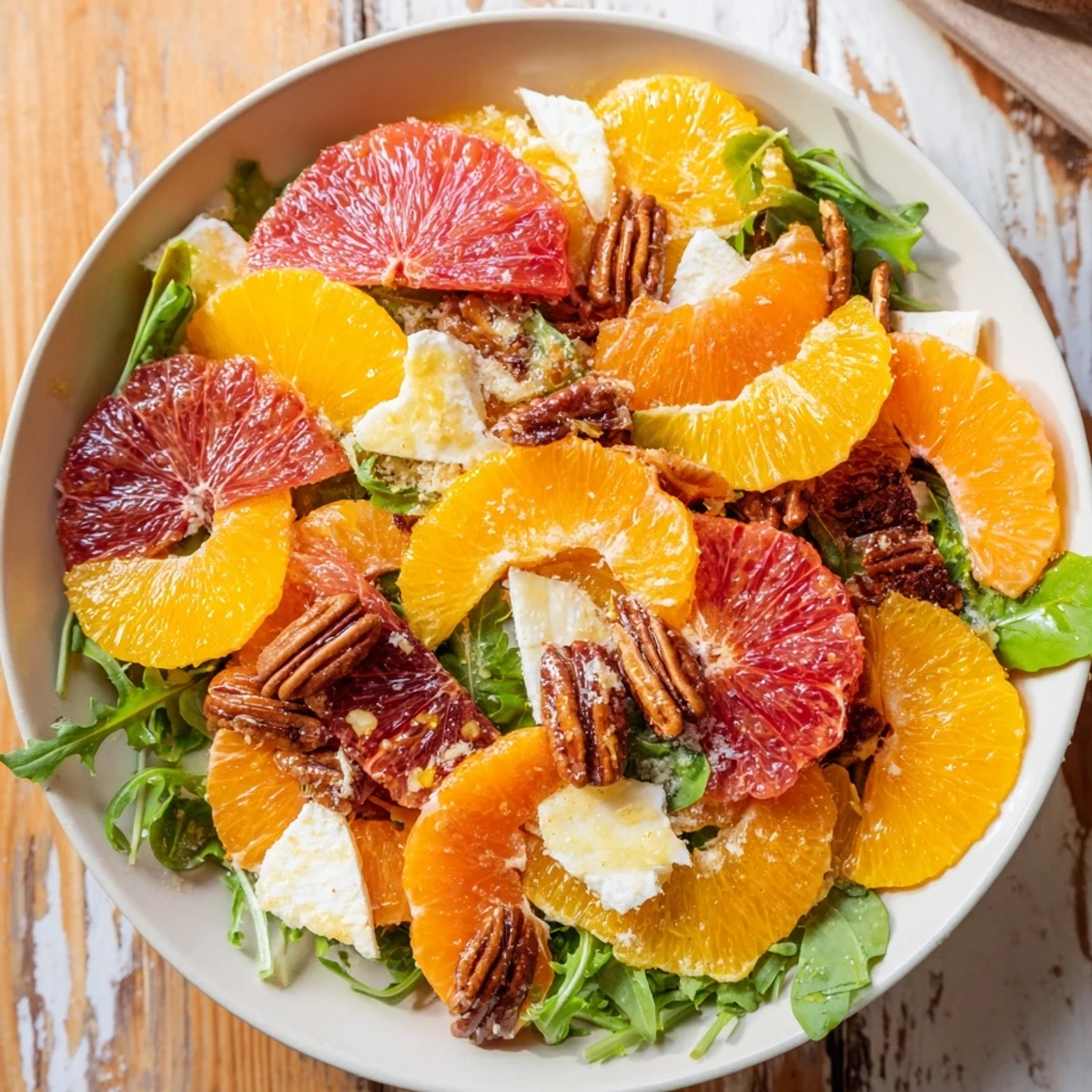 Fresh Winter Citrus & Candied Pecan Salad: Sweet candied pecans topping a vibrant winter salad's citrus.