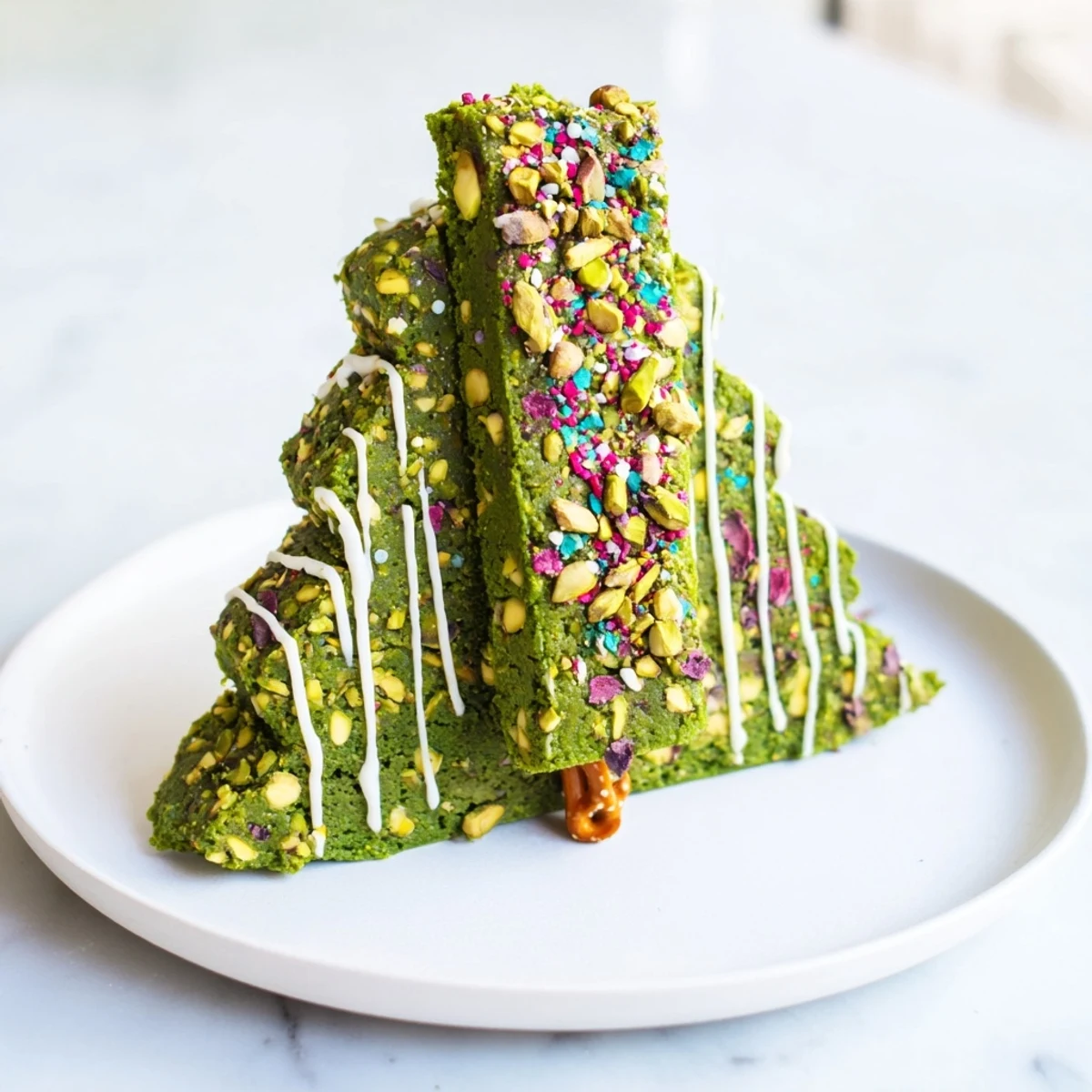 Matcha Pistachio Christmas Tree Blondie Bars, cut into festive tree shapes, drizzled with white chocolate and sprinkles.