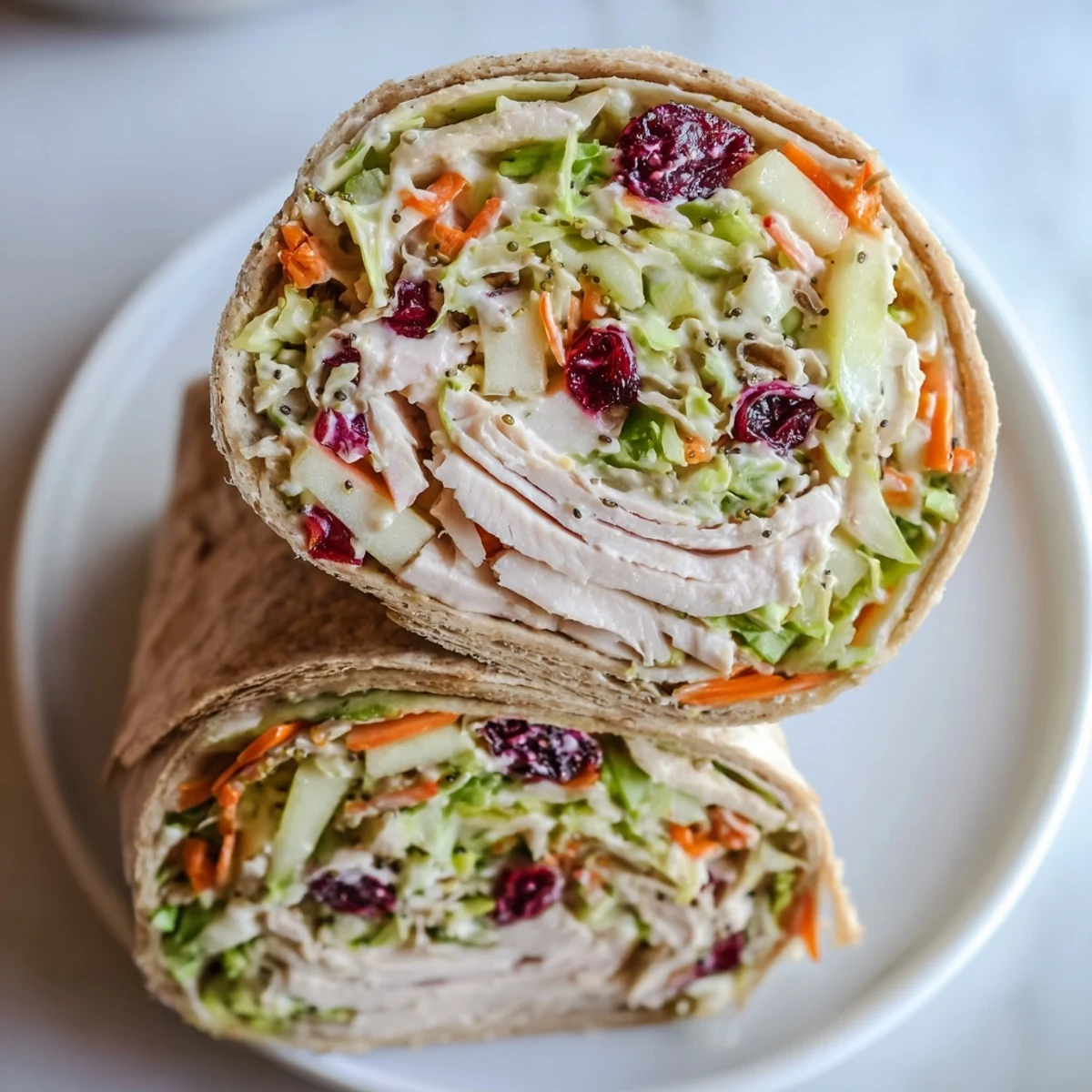 Cranberry Apple Slaw Turkey Wrap with Greek yogurt, a healthy and delicious lunch option.