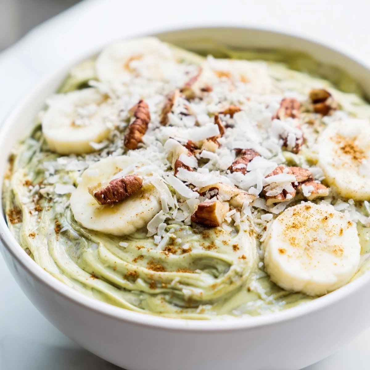 Creamy High-Protein Eggnog Matcha Overnight Oats with banana slices and toasted coconut, ready to eat.