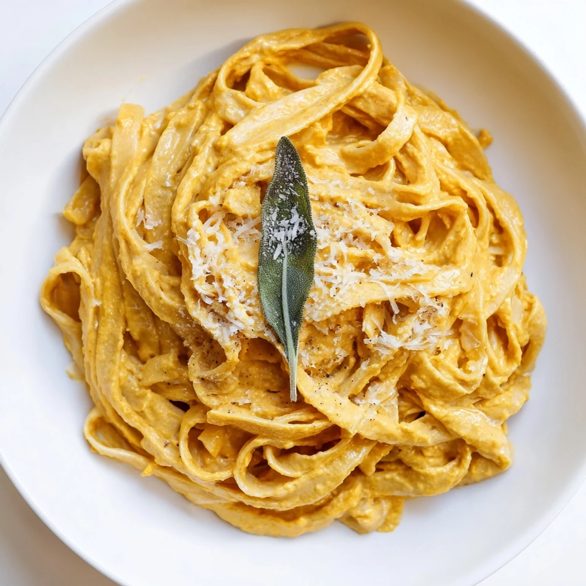 A steaming bowl of Healthy Creamy Pumpkin Sage Holiday Pasta, garnished with Parmesan for that extra flavor.