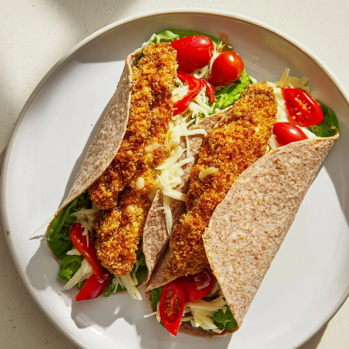 A delicious, close-up photo of a fully assembled Crispy Santa Hat Chicken Caesar Wrap, ready to eat.