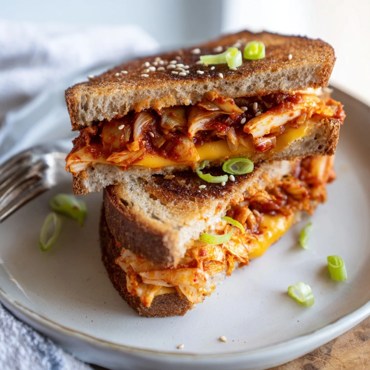Golden, bubbly Skillet Kimchi & Cheddar Fusion Grilled Cheese, oozing melted cheese, ready to eat.