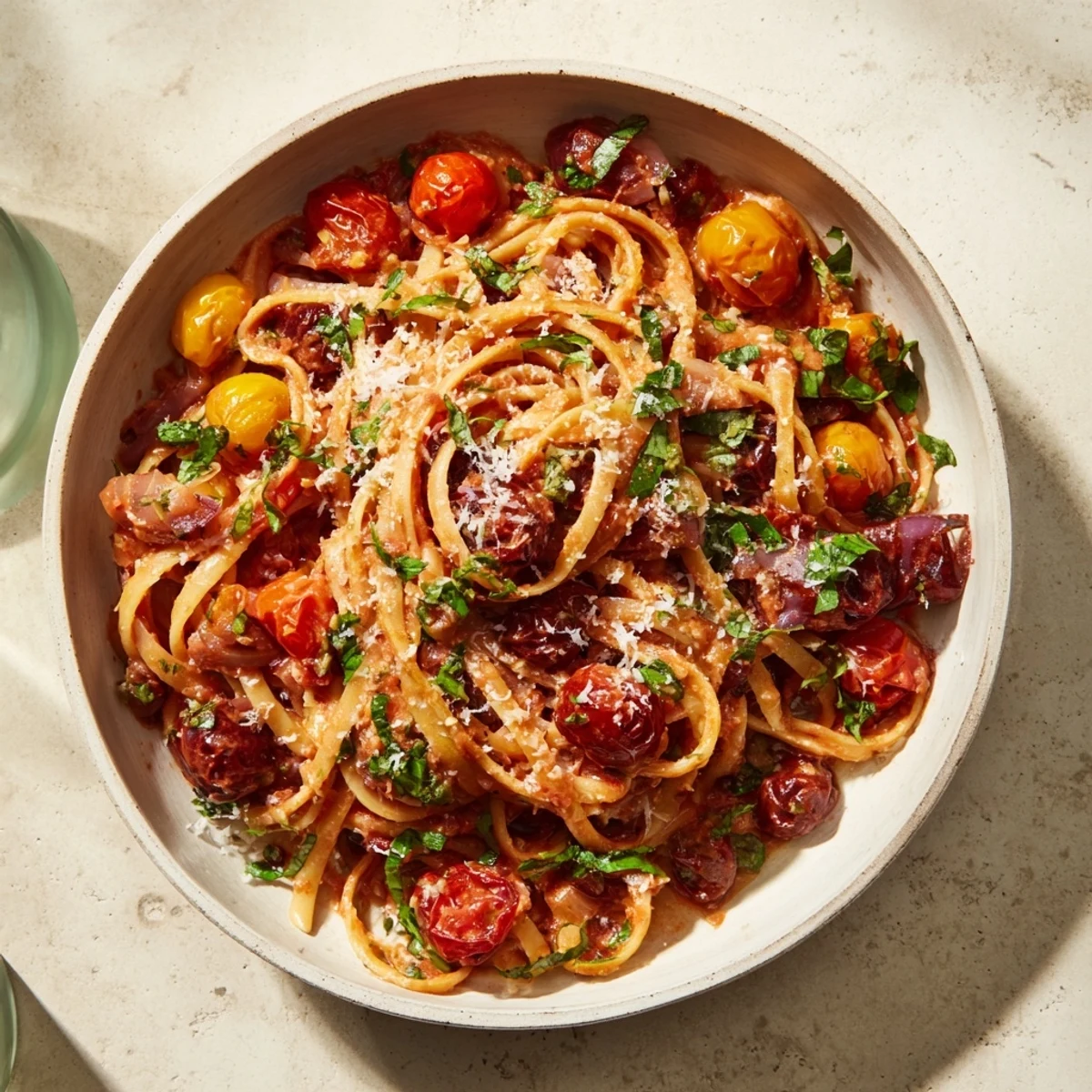 Steaming Cozy Fireplace One-Pan Tomato Basil Pasta with delicious, fresh basil and ripe tomatoes.
